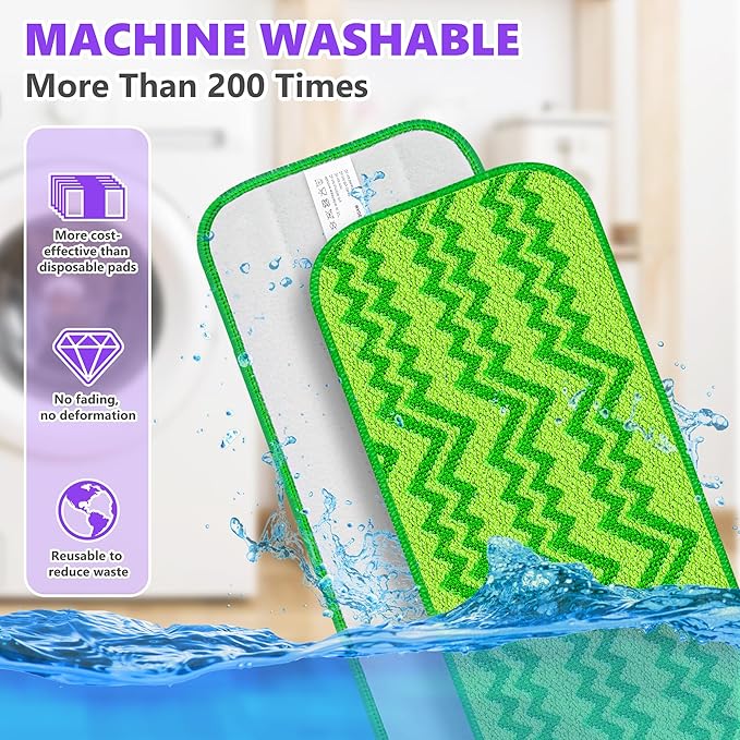 6 Reusable Mop Pads Compatible with Swiffer Wet Jet Mops, Microfiber Wet Jet Pads Refills Washable Dry Wet Mopping Cloths for Swiffer WetJet 12" Mop All Purpose Hardwood Floor Cleaning, Green
