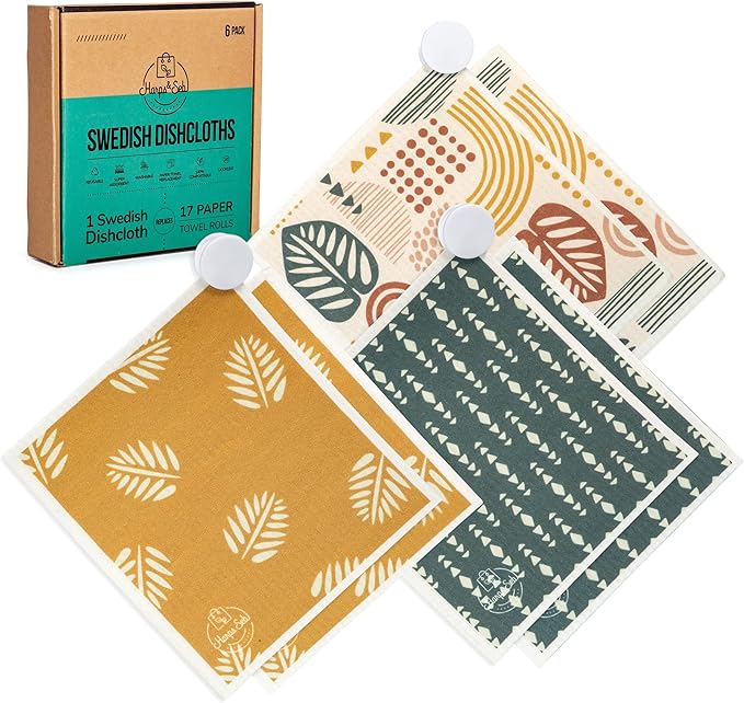 Harps&Seb Swedish Dishcloths for Kitchen Dish Towels - 6 Pack, Reusable Paper Towels with Clips, Super Absorbent Washable Non-Scratch Swedish Dish Towels, No Odor, Biodegradable