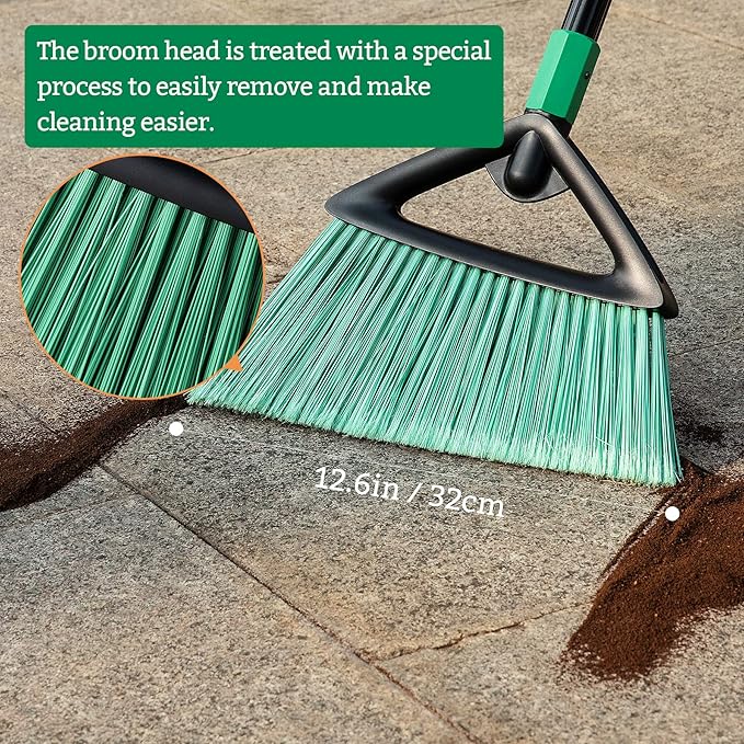 Eyliden Broom, Angle Broom with 57" Long Handle - Fit Heavy-Duty Cleaning, Also Works Well Fine Dust - Commercial Outdoor Indoor Sweeper for Courtyard, Sidewalk, Deck, Kitchen, Lobby, Garage, Green