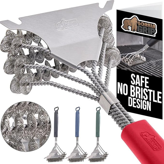 GORILLA GRIP Heavy Duty No Bristle Triple Helix Grill Brush with Scraper for Outdoor Grills, Safe Steam Cleaning, Oversized Comfortable Handle Grip with Bottle Opener, BBQ Tools, 17.5 Inch, Red