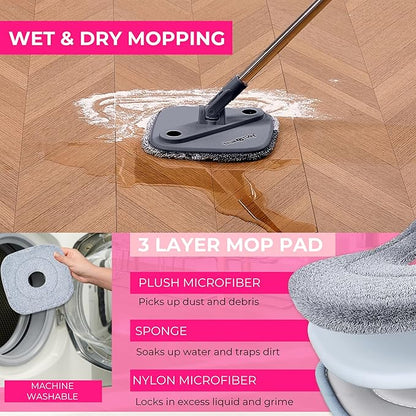 True & Tidy True Clean Spin Mop & Bucket System – Dual Compartment Design for Clean & Dirty Water, 360° Swivel Mop Head, Built-in Scrubbing Brush, Stainless Steel Handle & 2 Reusable Microfiber Pads