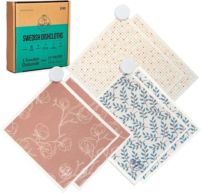 Harps&Seb Swedish Dishcloths for Kitchen Dish Towels - 6 Pack, Reusable Paper Towels with Clips, Super Absorbent Washable Non-Scratch Swedish Dish Towels, No Odor, Biodegradable