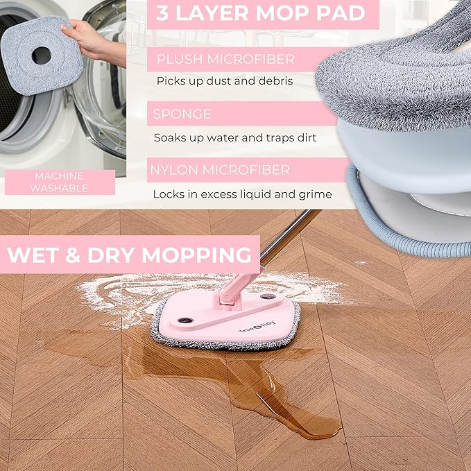 True & Tidy® True Clean Mop and Bucket System, Includes Square Spin, Dual Compartment Mop Bucket and 2 Thick Machine Washable Pads New Upgraded with Side Brush with StickyPro XL Lint Roller