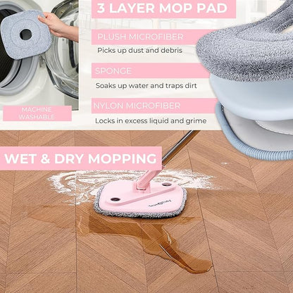 True & Tidy® True Clean Mop and Bucket System, Includes Square Spin, Dual Compartment Mop Bucket and 2 Thick Machine Washable Pads New Upgraded with Side Brush with StickyPro XL Lint Roller