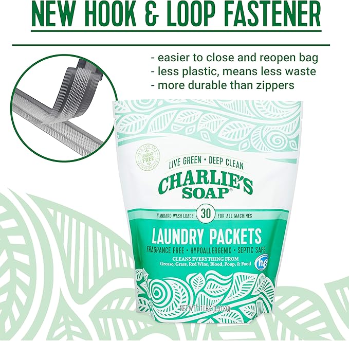 Charlie's Soap - Unscented Powdered Laundry Packets 30 Count (2 Pack 60 Total Loads)