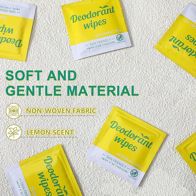 Timgle 100 Pcs Travel Deodorant Wipes Individually Wrapped Armpit Antiperspirant Deodorant Sweat Body Wipes for Women Men Teens Sports Travel Cleanse Skin and Underarm Excessive Sweating(Lemon)