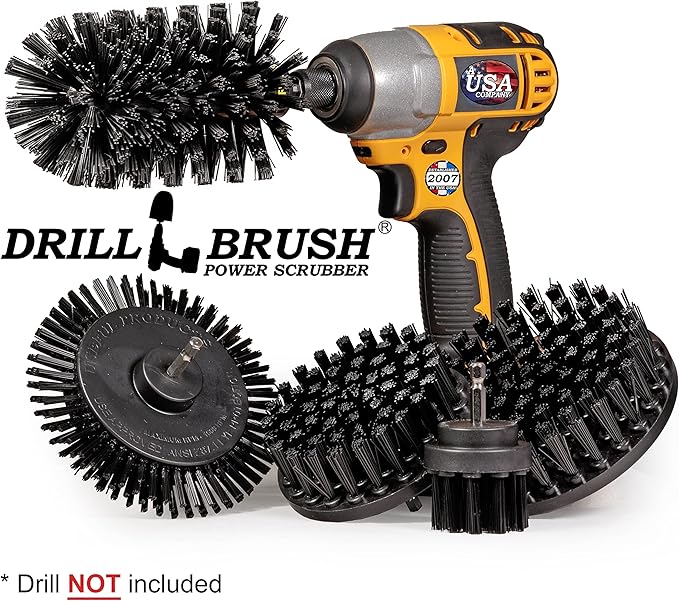 Drill Brush Power Scrubber by Useful Products - 5 Piece Black Drillbrush Ultra Stiff Cleaning Brushes Set - Non Metal Grill Brush Attachment Kit for Cordless Drill - Nylon Grill Grate Cleaner Brushes