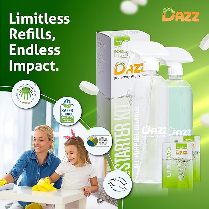 DAZZ Whole House Starter Kit (3 Reusable Spray Bottles, 6 Refills) Natural All Purpose Cleaner, Glass and Window Cleaner, and Bathroom Cleaner - Eco Friendly, Non Toxic