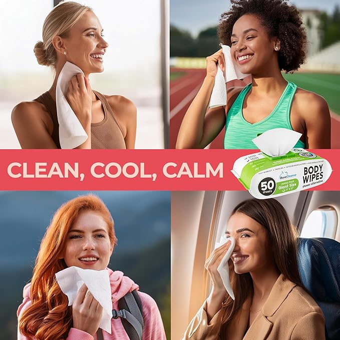 Body Wipes for Women, Extra Moist No Rinse Bathing Wipes - 50 XL Shower Cloths + 4 Travel Size Bath Sheets - 9"x12" After Gym & Post Workout Deodorant, Disposable Washcloths, Womens Hygiene Essentials