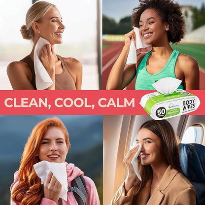 Body Wipes for Women, Extra Moist No Rinse Bathing Wipes - 50 XL Shower Cloths + 4 Travel Size Bath Sheets - 9"x12" After Gym & Post Workout Deodorant, Disposable Washcloths, Womens Hygiene Essentials