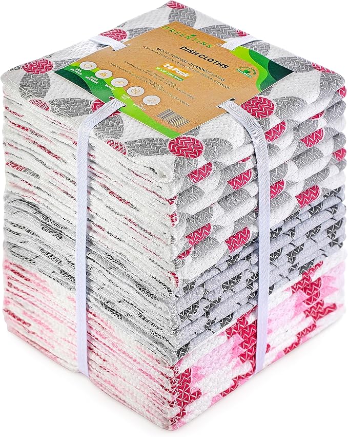 Eco-Friendly Reusable Dish Cloth Set – 24-Pk Multipurpose Kitchen Cleaning Cloth Made from Recycled Materials – Absorbent, Dish Towels & Non-Scratch Cleaning Rags, 12x12 in.