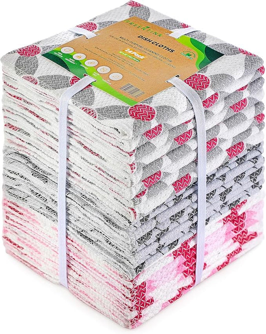 Eco-Friendly Reusable Dish Cloth Set – 24-Pk Multipurpose Kitchen Cleaning Cloth Made from Recycled Materials – Absorbent, Dish Towels & Non-Scratch Cleaning Rags, 12x12 in.