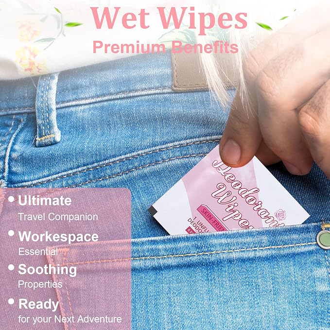 200Pcs Travel Deodorant Wipes, Travel Size Mini Deodorant Wipes Bulk for Homeless Individually Wrapped, Body Cleaning Supplies for Women Wet Armpit for Body Cleaning Rose