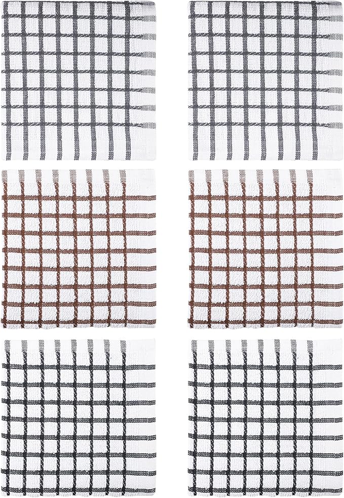 100% Cotton Dish Cloths (Pack of 6) - Dish Rags for Washing Dishes - Reusable & Highly Absorbent Kitchen Towels - Multipurpose Kitchen Rags - (12" x 12" - Multicolor Checkered)