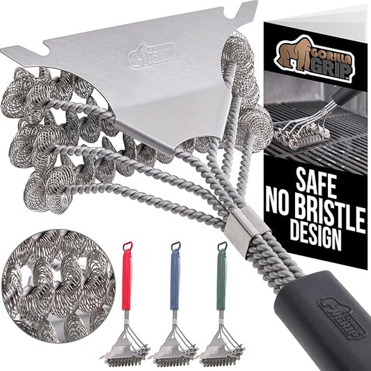 GORILLA GRIP Heavy Duty No Bristle Triple Helix Grill Brush with Scraper for Outdoor Grills, Safe Steam Cleaning, Oversized Comfortable Handle Grip with Bottle Opener, BBQ Tools, 17.5 Inch, Black