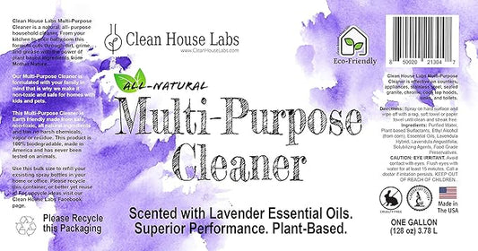 All-Natural Multi-Purpose Cleaner. Safe for Sensitive Skin. Plant Based, Non-Toxic, Biodegradable. Safe for Babies. Refill size. Lavender Scented. One Gallon