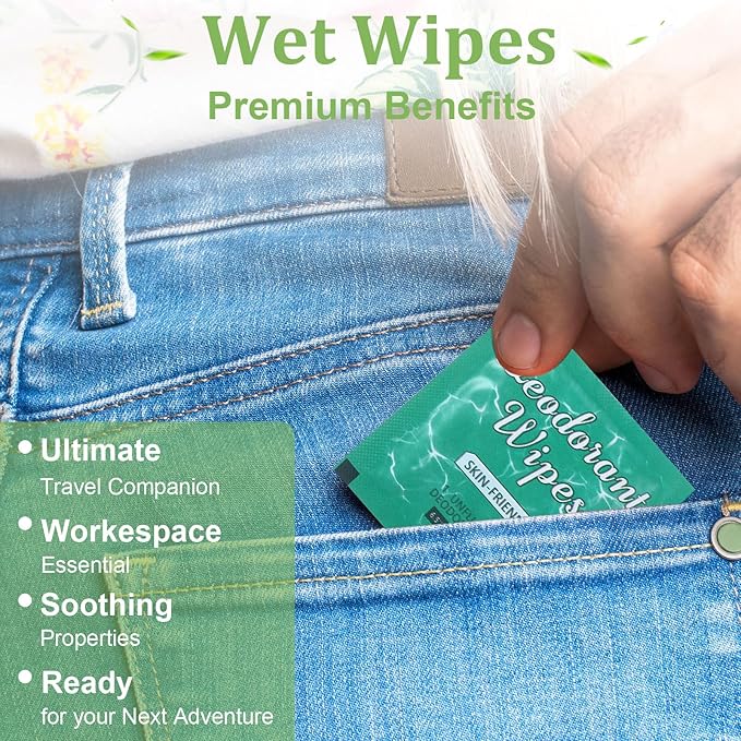 100Pcs Travel Deodorant Wipes, Travel Size Mini Deodorant Wipes Bulk for Homeless, Individually Wrapped Body Cleaning Supplies for Women Wet Armpit for Body Cleaning Jasmine