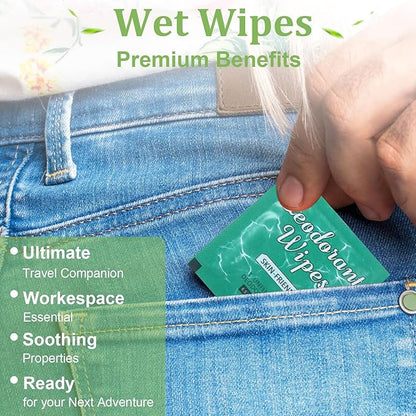 100Pcs Travel Deodorant Wipes, Travel Size Mini Deodorant Wipes Bulk for Homeless, Individually Wrapped Body Cleaning Supplies for Women Wet Armpit for Body Cleaning Jasmine