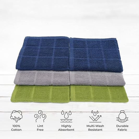 100% Cotton Dish Cloth for Dish Washing, Terry Dish Cloth, Cotton Dish Rags, 6 Pack, Super Soft and Absorbent,12"x12" inches, Reusable Cleaning Cloth (Assorted)