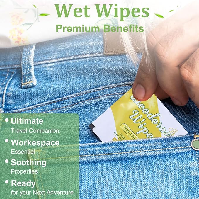 100Pcs Travel Deodorant Wipes, Travel Size Mini Deodorant Wipes Bulk for Homeless, Individually Wrapped Body Cleaning Supplies for Women Wet Armpit for Body Cleaning Lemon