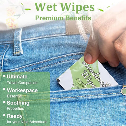 100Pcs Travel Deodorant Wipes, Travel Size Mini Deodorant Wipes Bulk for Homeless, Individually Wrapped Body Cleaning Supplies for Women Wet Armpit for Body Cleaning Cucumber