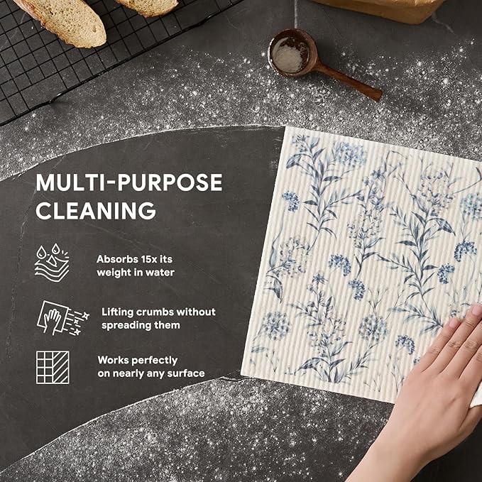RECYCO Swedish Dishcloths for Kitchen | 4 Pack Oversized Washable Dish Rags | Large Cellulose Reusable Cleaning Paper Towels | Absorbent Counter Dish Cloth Sponge XL Kitchen Wipes, 12" L x 10" W