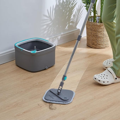 Spin Mop and Bucket with Separate Compartments for Clean and Dirty Water New 2025 Upgraded Version w/Side Brush and Self Standing Handle, Smart Square Mop w/ 2 Machine Washable Microfiber Pads, Gray