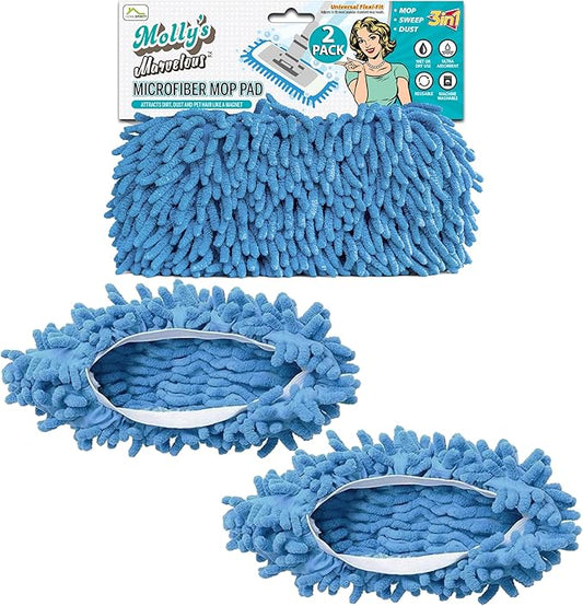 Molly's Marvelous Microfiber Mop Pads – 2-Pack Reusable & Washable Pads for Wet & Dry Cleaning – Fits Most 4.5x11 Flat Mop Heads – Super Absorbent, Eco-Friendly Floor Cleaning Solution
