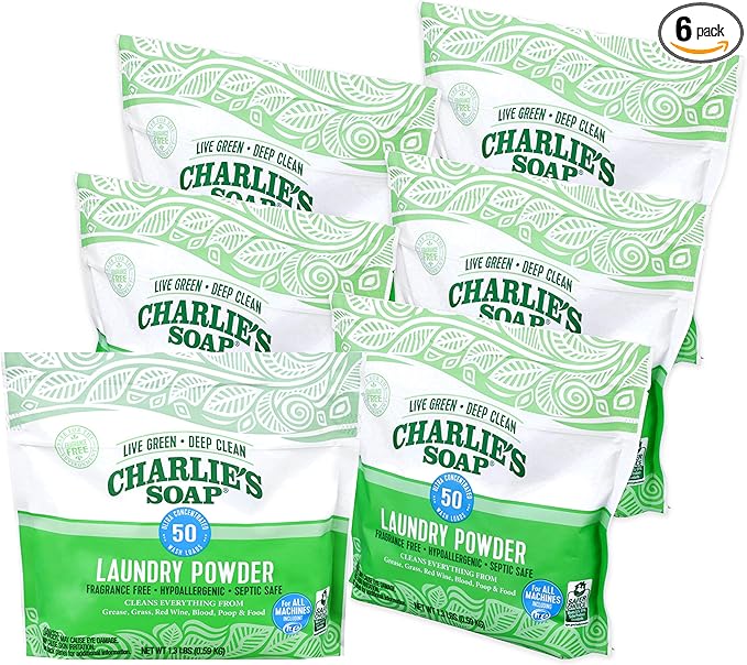 Charlie's Soap - Unscented Laundry Powder 50 Loads (Six 50-load Bags, 300 Total Loads)