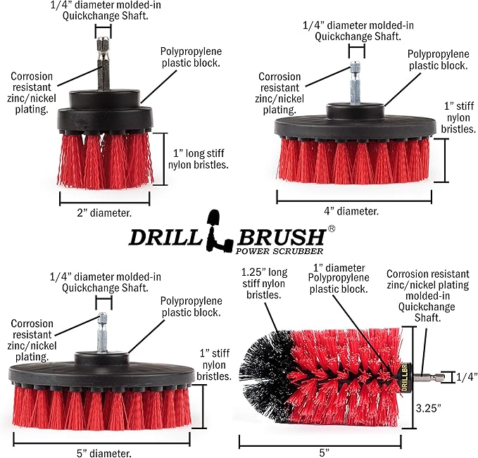 Drillbrush 5 Piece Red Stiff Nylon Cleaning Brush Set - Outdoor Cleaning Scrub Brushes for Cordless Drill - Siding Cleaner Brush Attachment - Deck Scrubbing - Birdbath Cleaner - Gravestone Scrubber
