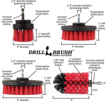 Drillbrush 5 Piece Red Stiff Nylon Cleaning Brush Set - Outdoor Cleaning Scrub Brushes for Cordless Drill - Siding Cleaner Brush Attachment - Deck Scrubbing - Birdbath Cleaner - Gravestone Scrubber