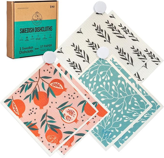 Harps&Seb Swedish Dishcloths for Kitchen Dish Towels - 6 Pack, Reusable Paper Towels with Clips, Super Absorbent Washable Non-Scratch Swedish Dish Towels, No Odor, Biodegradable