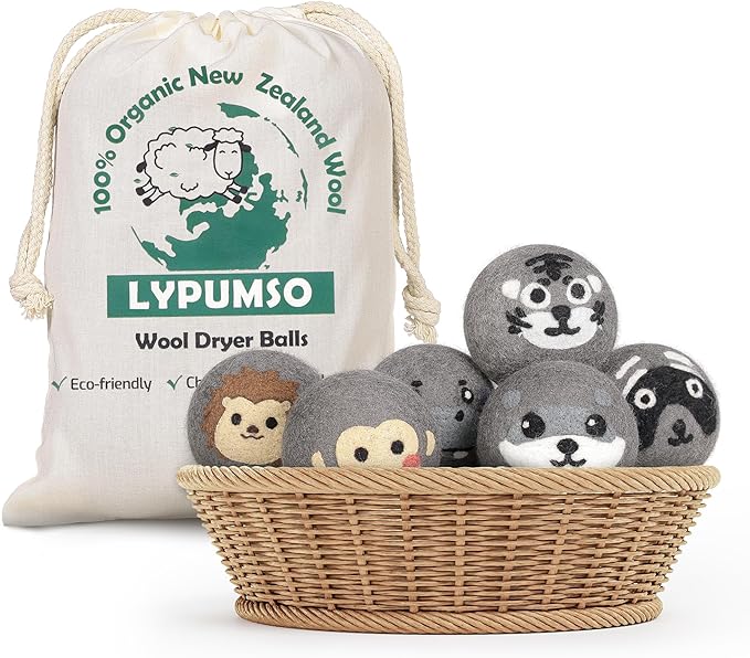Lypumso Wool Dryer Balls Organic 6 Pack-XL, 100% New Zealand Wool Reusable Fabric Softener for Up to 1000 Loads, Anti Clothing Static and Shorten Drying Time, Baby Safe & Hypoallergenic