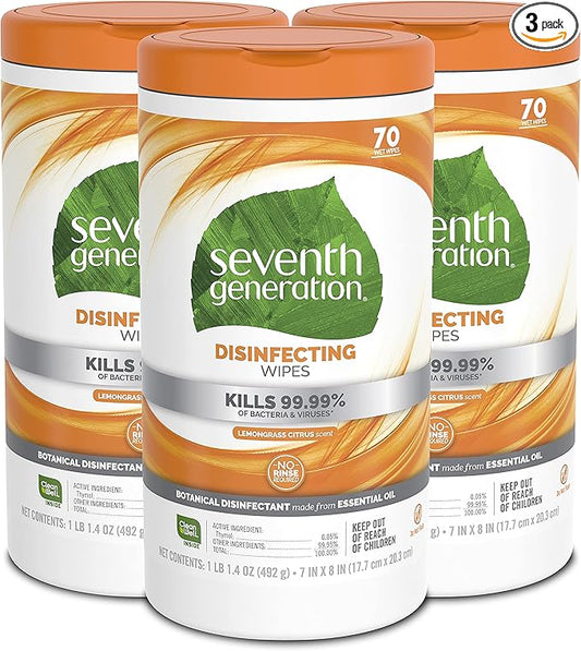 Seventh Generation Disinfecting Multi-Surface Wipes, Lemongrass Citrus, 70 Count, Pack of 3 (Packaging May Vary)