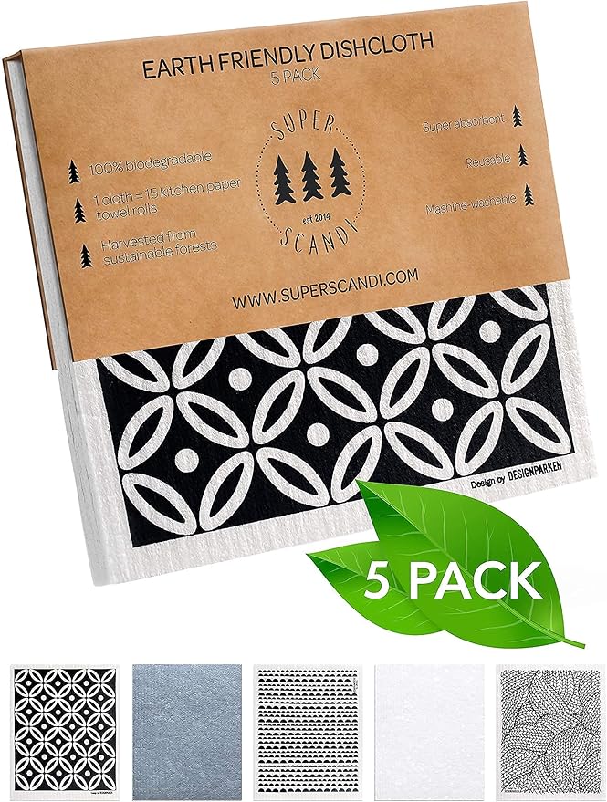 SUPERSCANDI Most Popular Bundle (10 Pack Grey Cloths + 5 Pack Scandi Prints) Swedish Dishcloths Reusable Compostable Made in Sweden Cellulose Sponge Dish Cloths