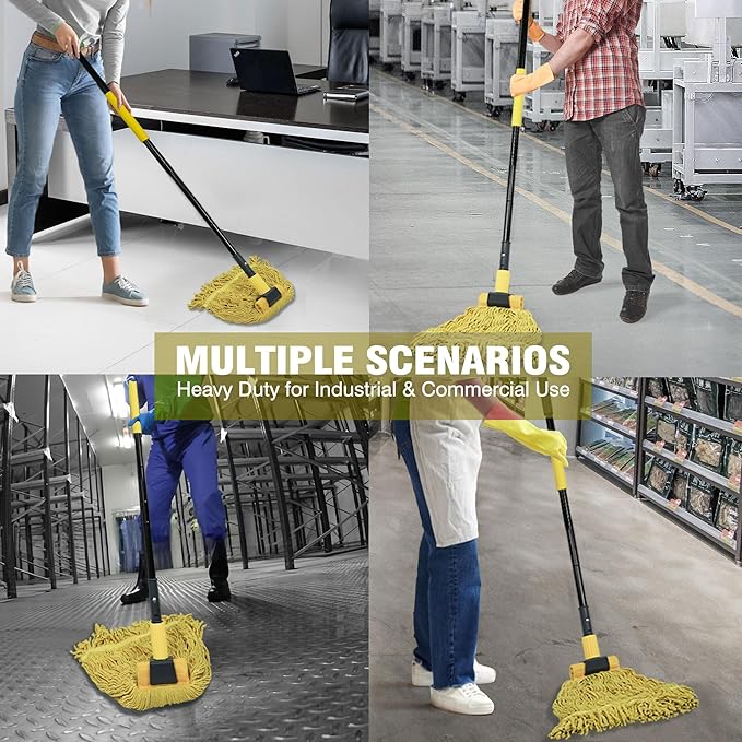 JEHONN Commercial Mop Heavy Duty Industrial String Mops with 57.5 inches Long Handle, Professional Dry Wet Cotton Mop for Cleaning Hardwood Floor Concrete Tile Home Kitchen Office Garage (Yellow)