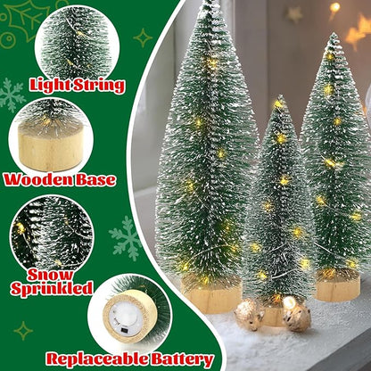 3 PCS Mini Bottle Brush Christmas Trees with Lights, Miniature Tabletop Christmas Tree for Christmas Decorations Indoor, Desktop Pine Tree Xmas Holiday Decor