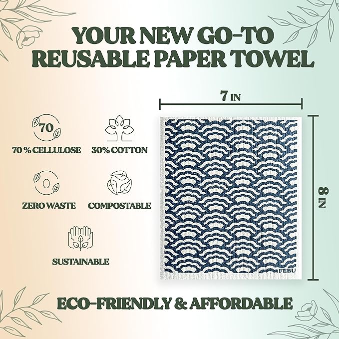 FEBU Swedish Dishcloths for Kitchen | 5 Pack Vintage Kitchen Reusable Paper Towels Washable | Swedish Dish Towels | Non-Scratch Cellulose Sponge Cloths | No Odor, Biodegradable Cleaning Cloths