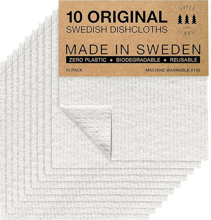 SUPERSCANDI 10 Pack Swedish Dishcloths for Kitchen - 100% Biodegradable & Compostable Reusable Paper Towels Washable, Food-Safe & Without Plastic - Dish Rags Suitable for Any Surface, White
