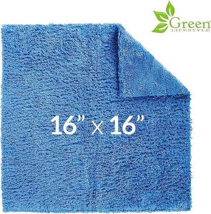 GREEN LIFESTYLE Microfiber Cleaning Cloth 6 Pack, Borderless Microfiber Towels, Car Wash Towels (16" x 16", Blue)
