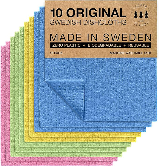 SUPERSCANDI 10 Pack Reusable Cleaning Cloths - 100% Biodegradable & Compostable | Washable Swedish Dishcloth - Food-Safe & Plastic-Free | Kitchen Cloth Suitable for Any Surface, Pink Green Blue