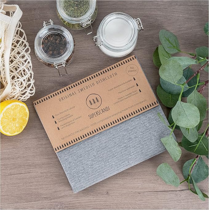 SUPERSCANDI 6 Pack Swedish Dishcloths for Kitchen - 100% Biodegradable & Compostable Reusable Paper Towels Washable, Food-Safe & Without Plastic - Dish Rags Suitable for Any Surface, Grey