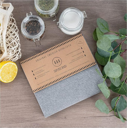 SUPERSCANDI 6 Pack Swedish Dishcloths for Kitchen - 100% Biodegradable & Compostable Reusable Paper Towels Washable, Food-Safe & Without Plastic - Dish Rags Suitable for Any Surface, Grey