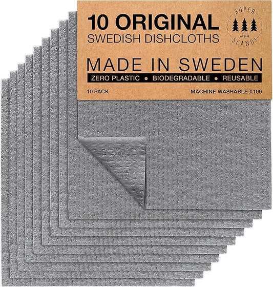 SUPERSCANDI 10 Pack Swedish Dishcloths for Kitchen - 100% Biodegradable & Compostable Reusable Paper Towels Washable, Food-Safe & Without Plastic - Dish Rags Suitable for Any Surface, Grey