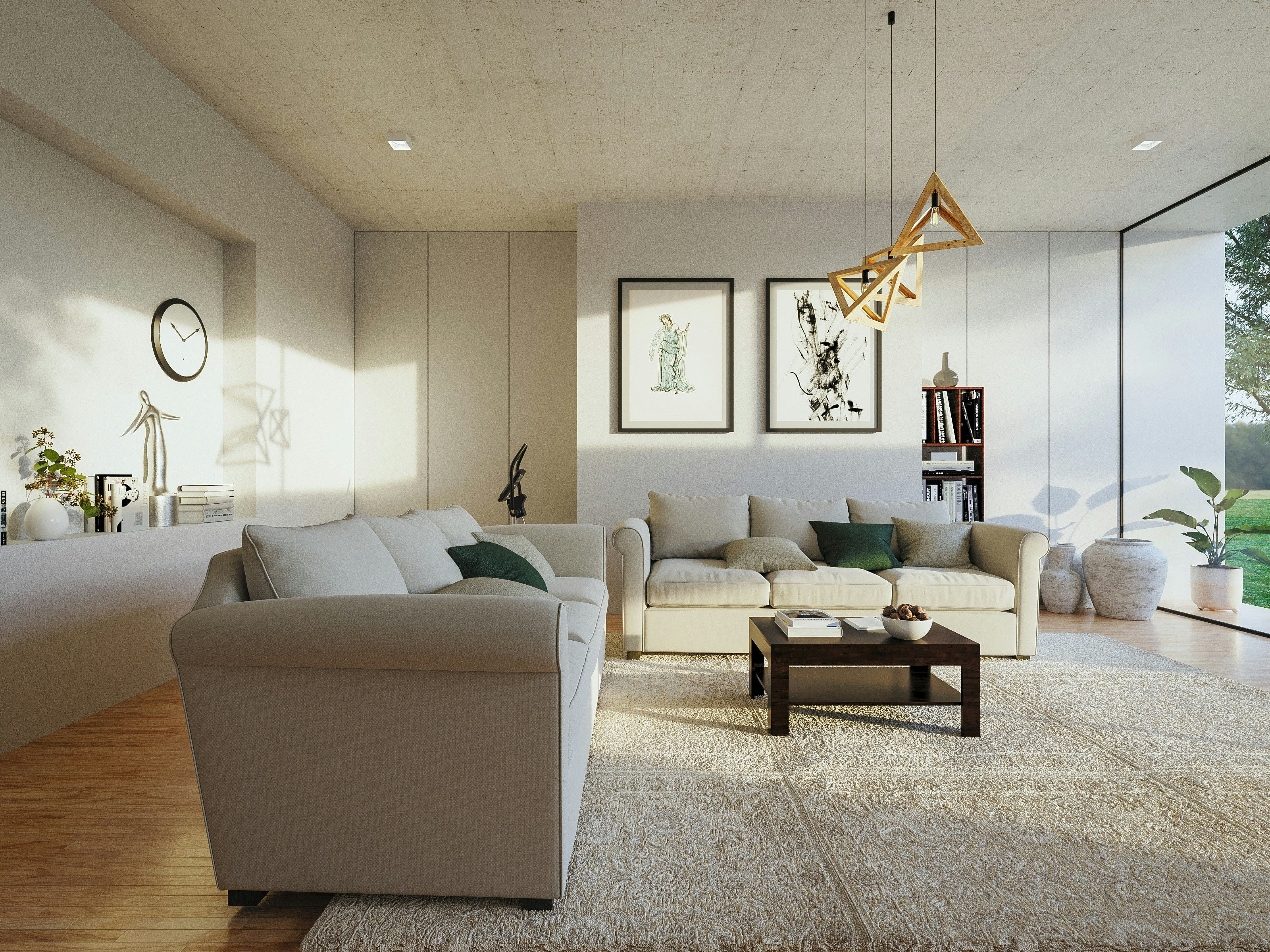 Modern living room with beige sofas, a coffee table, and decorative items.